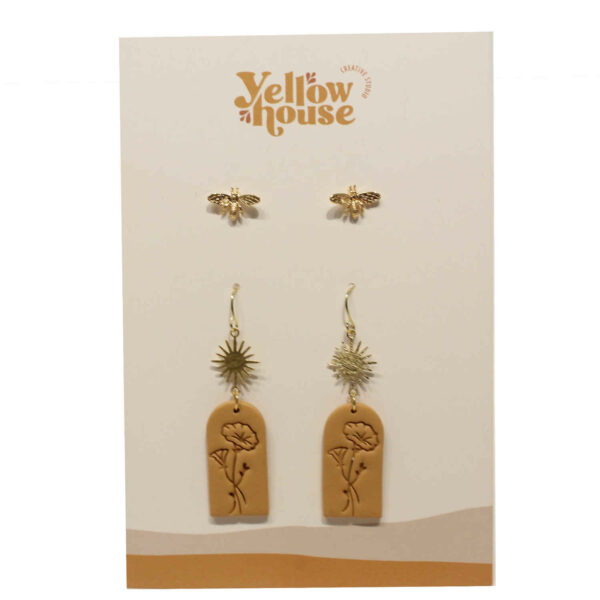 Two Set Gold Bees and Muted Dark Yellow Flower with Gold Sun Earrings