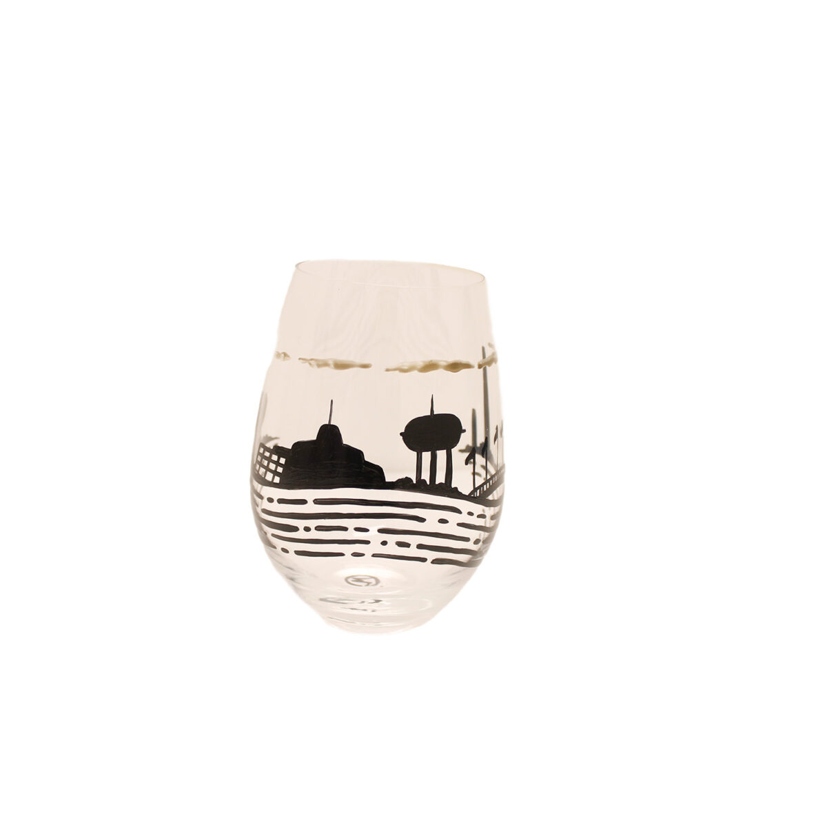 Stemless glasses with sudbury motifs