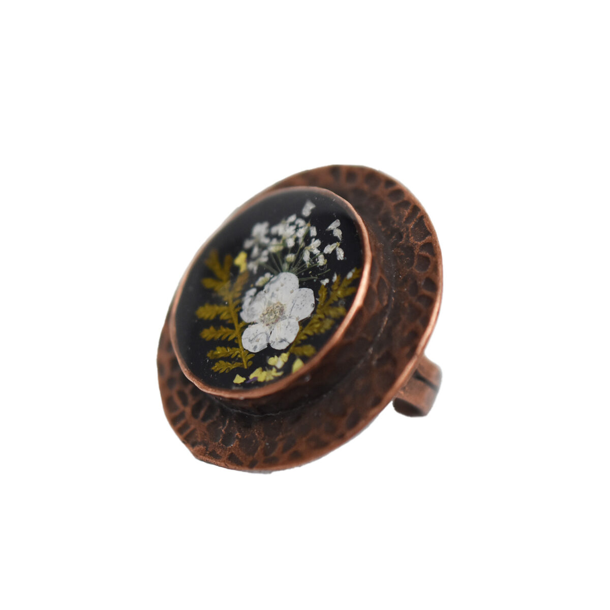 Metal Copper White & Yellow Flower Pressed Ring - Size 6