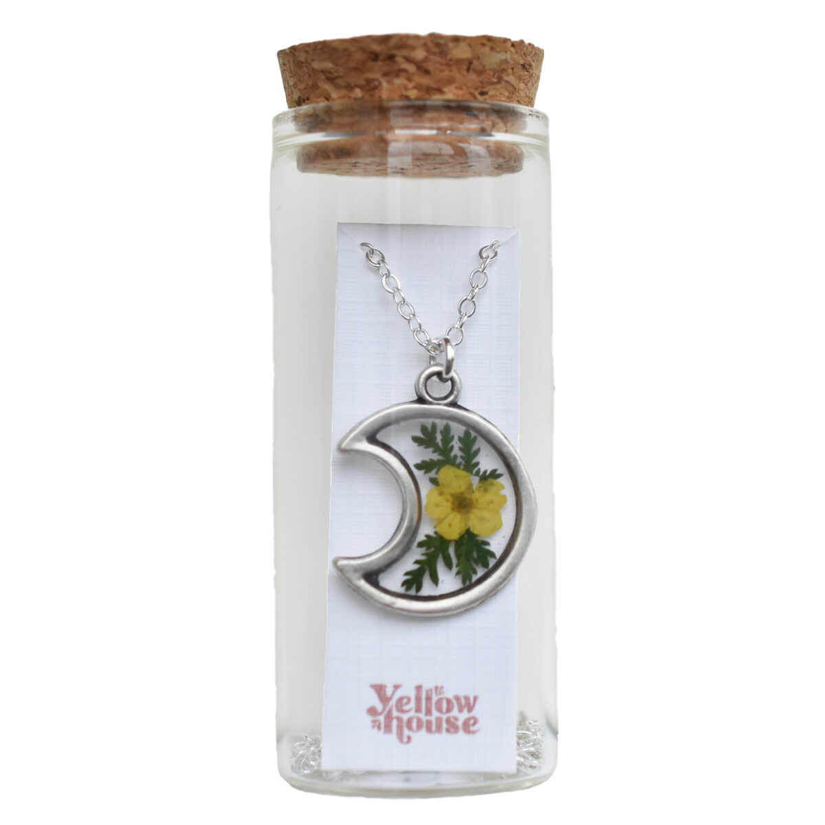 Silver Moon Yellow Pressed Flower Necklace in Vial