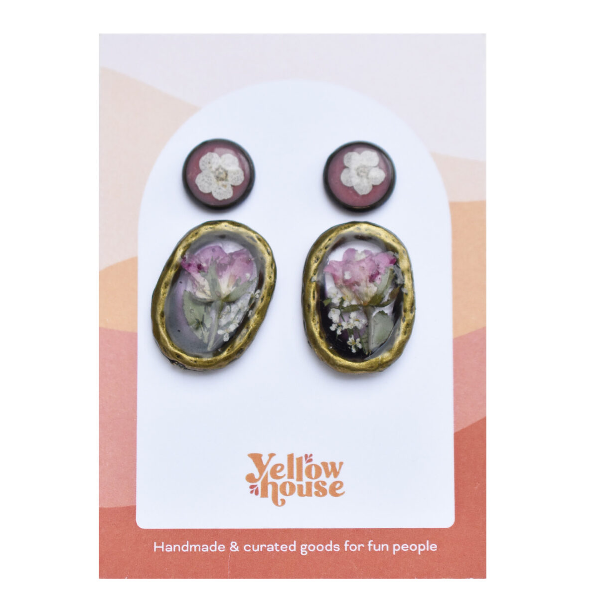 Pressed Flower Studs with Gold Metal Pressed Flower Earrings