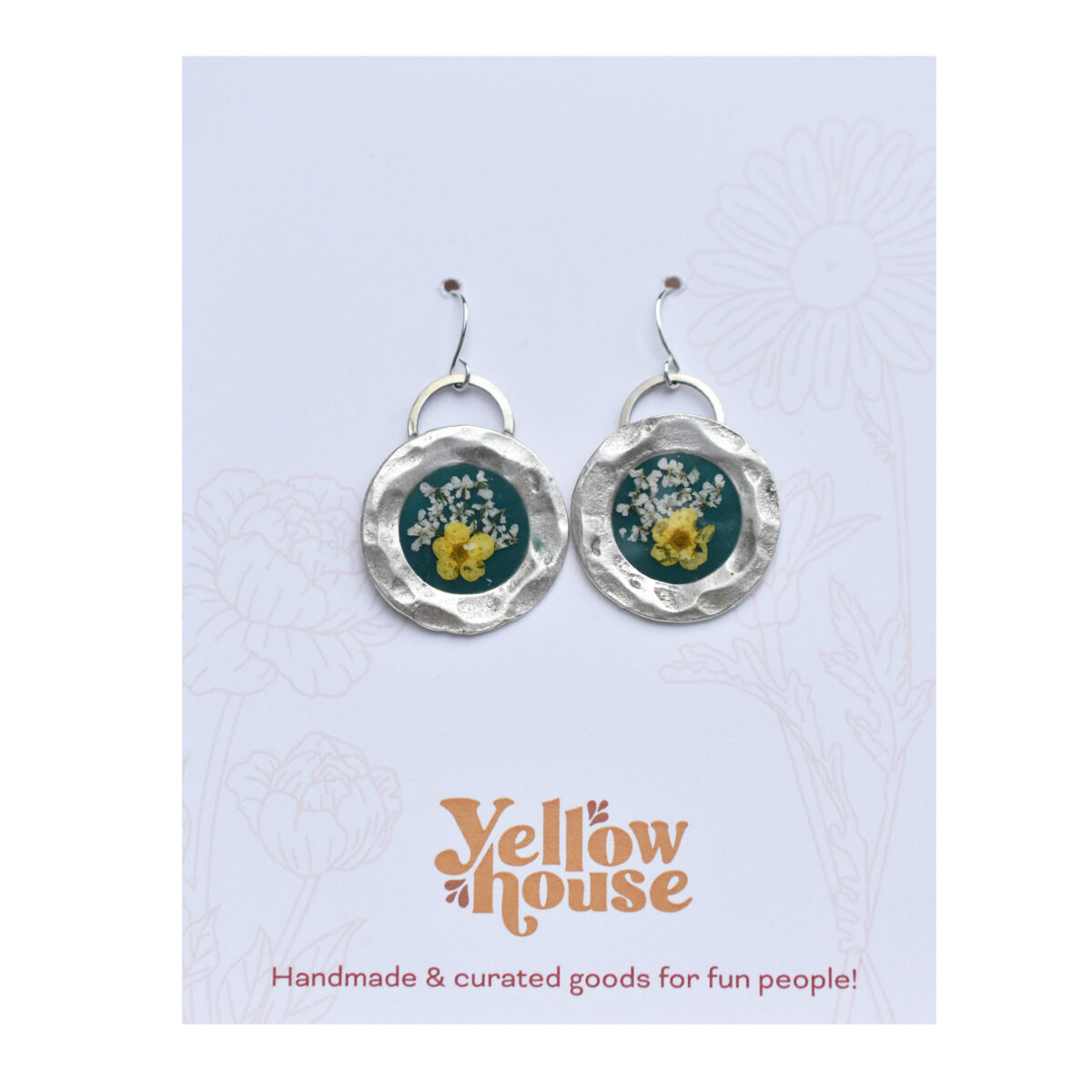 Silver Plated Cyan Pressed Flower Earrings