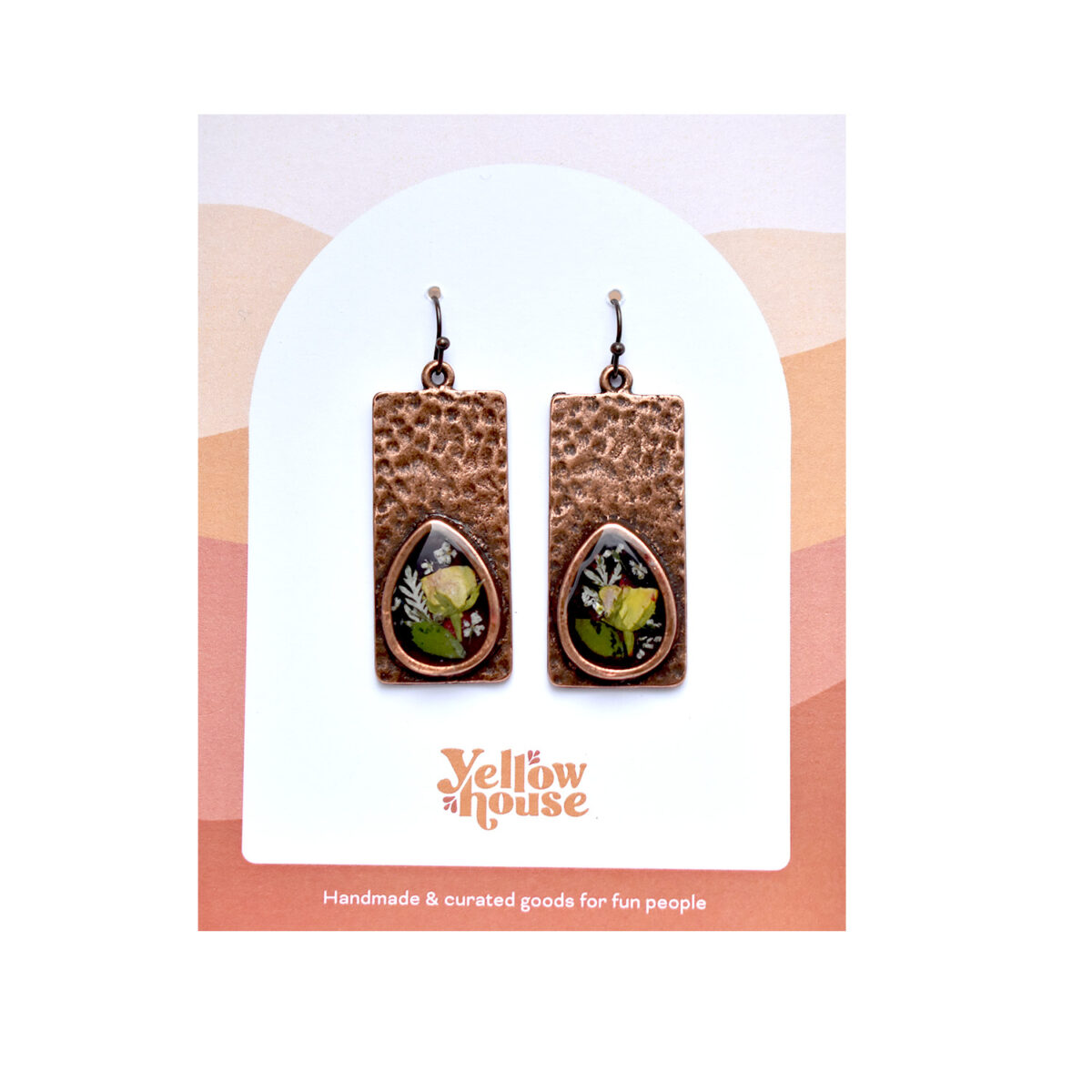 Copper Metal Rectangles with Pressed Flowers Earrings